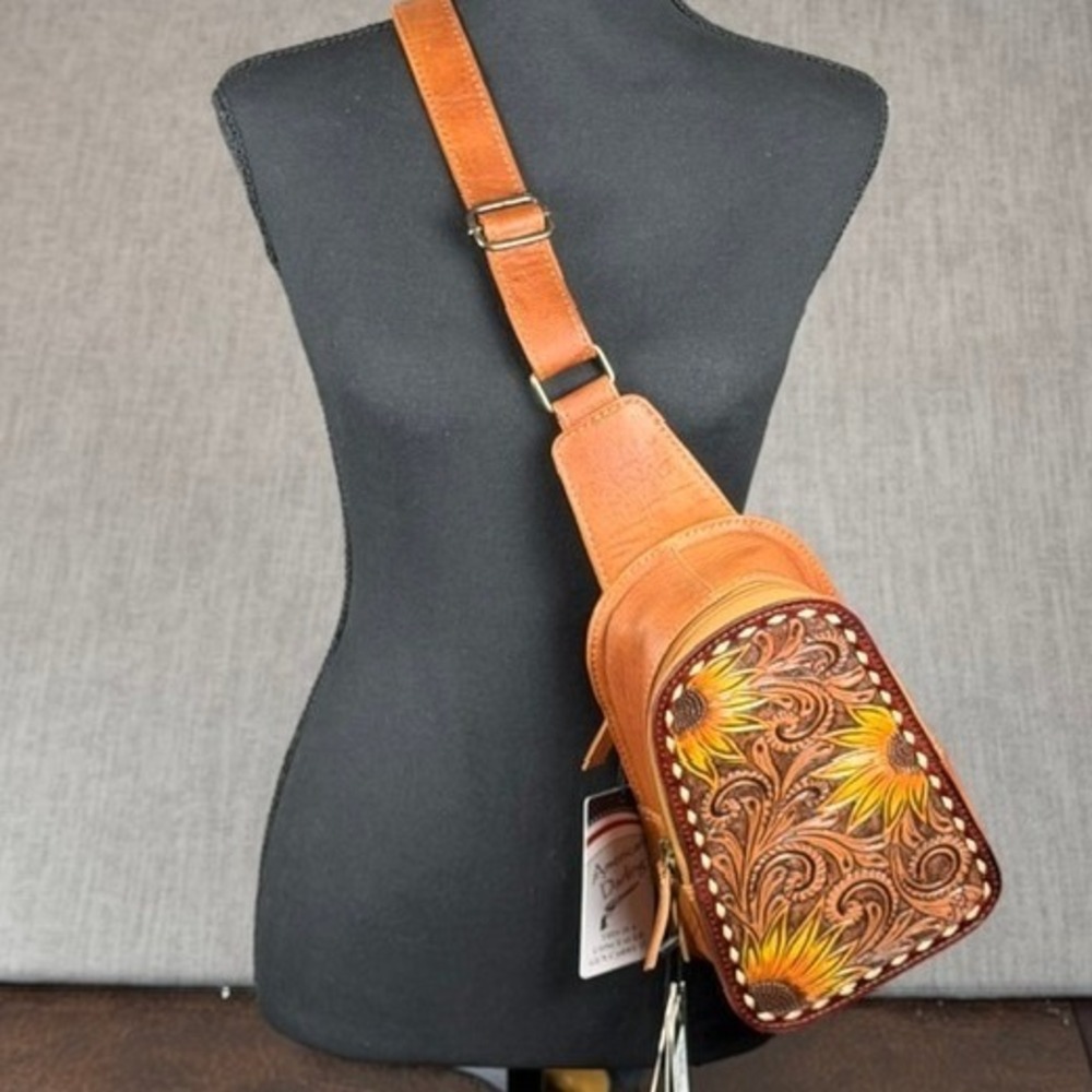 American Darling Tooled Leather Sunflower Sling Bag Concealed carry Crossbdy NEW